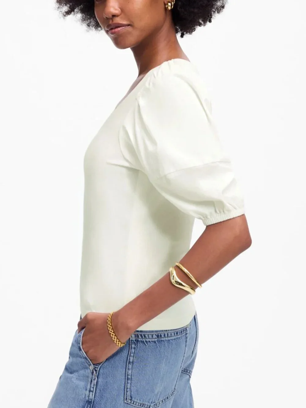 Madewell Puff Sleeve Relaxed Fit Cotton Jersey V-Neck Tee White Size S NWT